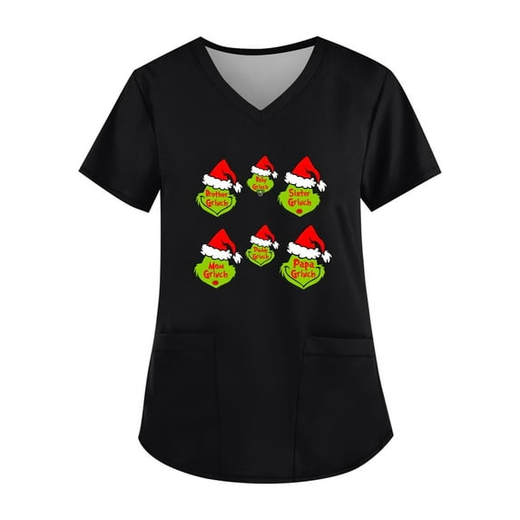 Monster Pattern Printing Scrub Tops Women - Short Sleeve V-Neck Stretchy Halloween Cartoon Scrubs for Women, Summer Tops with Pockets Professional & Casual Wear 11-Black S
