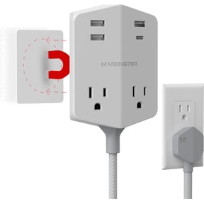 Monster Power Shield XL 540J Surge Protector Outlet Extender & Magnetic Hub with 4 AC Outlets, 2 USB-A Ports, White