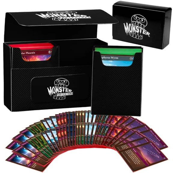 Monster Protectors Double Deck Box- Magnetic Locking Dual Trading Card Game Storage Case w Removable Compartments- Holds 150 Cards- Fits All Standard and Smaller Size MTG and TCGs - Black
