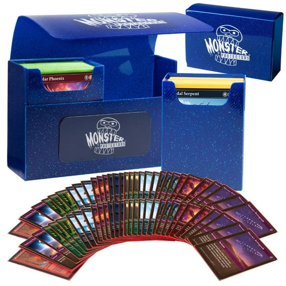 Monster Protectors Magnetic Double Deck Box - Blue Glitter, Holds 150 Gaming TCGs, Self-locking Closure, Compatible w Standard & Smaller Size Gaming Trading Cards, Removable Construction