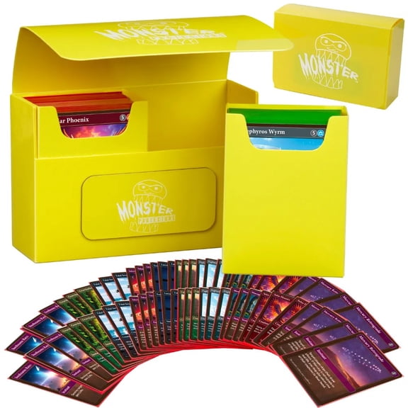 Monster Protectors Magnetic Double Deck Box - Yellow, Holds 150 Gaming TCGs, Self-locking Closure, Compatible w Standard & Smaller Size Gaming Trading Cards, Removable Construction