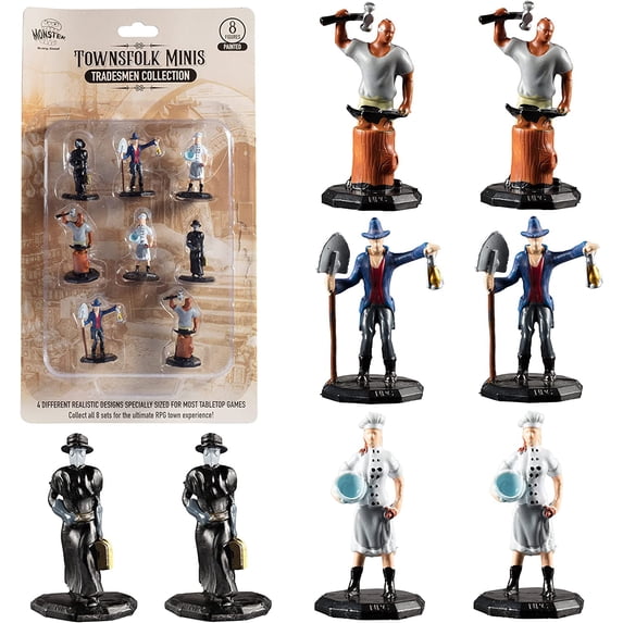 Monster Protectors Townsfolk Mini Fantasy Figures - Tradesmen - 8pc Hand-Painted Non Player Character NPC Miniatures - 1" Hex-Sized Compatible with DND Dungeons Dragons Tabletop Games