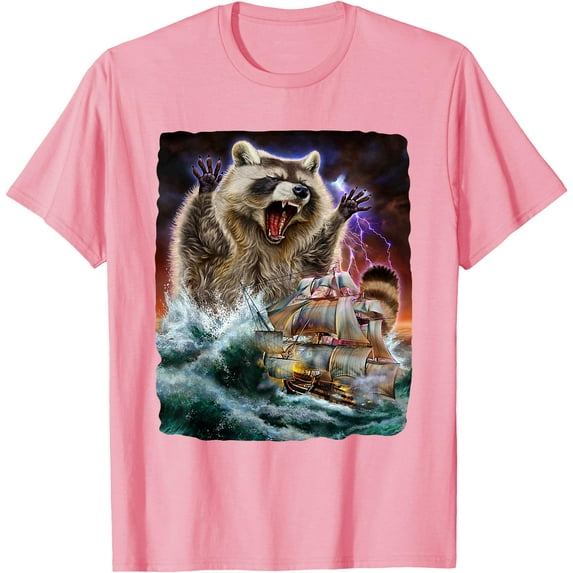 Monster Raccoon as Kraken Attack a Ship at High Seas Softstyle Unisex T-Shirt,Light Pink Color,Size 5/6