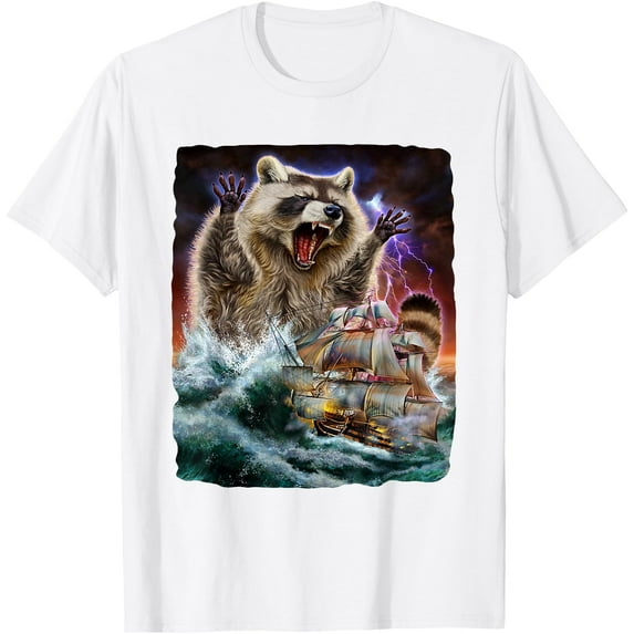 Monster Raccoon as Kraken Attack a Ship at High Seas Softstyle Unisex T-Shirt,White Color,Size YXL