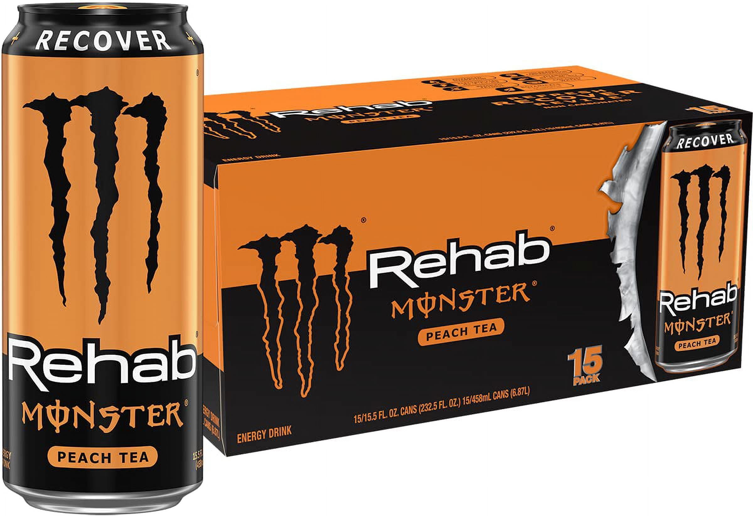 Monster Rehab Peach Tea + Energy, Energy Iced Tea, Energy Drink, 15.5 Ounce (Pack Of 15