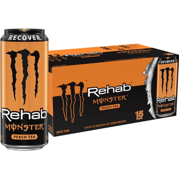 Monster Rehab Peach Tea Energy Drink, Zero Sugar, 15-Pack, 16 Oz Cans