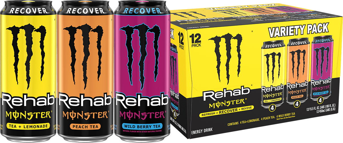 Monster Rehab Variety Pack, Lemon, Peach, Wild Berry Tea, 12 Count, 15.5 fl oz