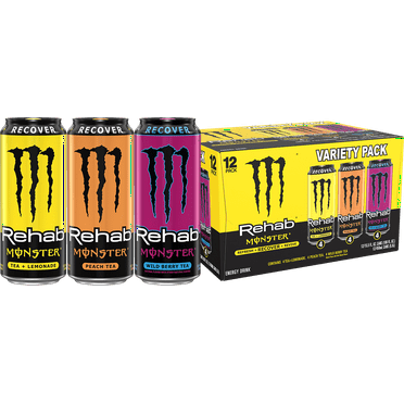 Monster Rehab Variety Pack, Lemon, Peach, Wild Berry Tea, 12 Count, 15.5 fl oz