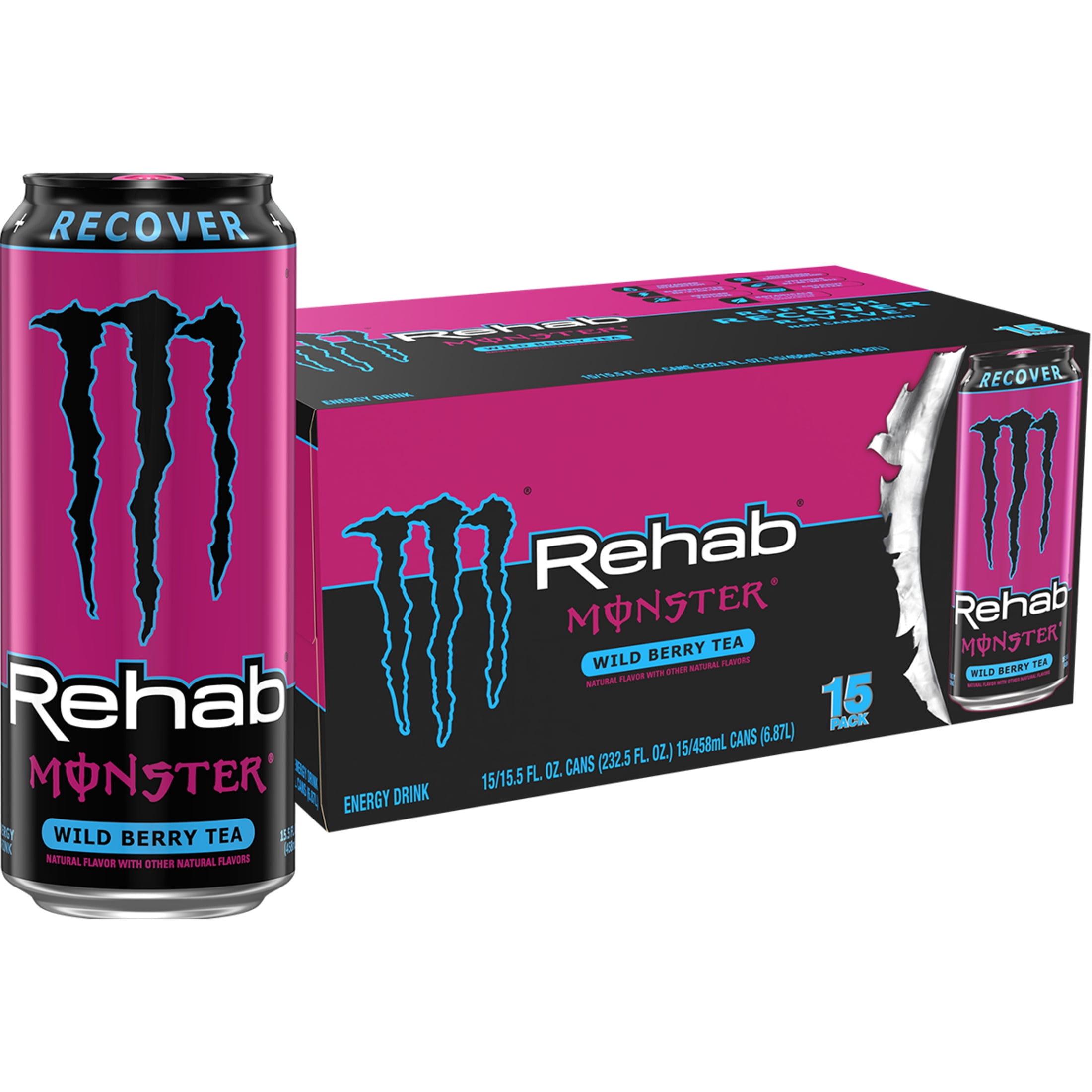 Monster Rehab Wild Berry Tea Energy Drink, Zero Sugar, 15-Pack, 16 Oz Cans