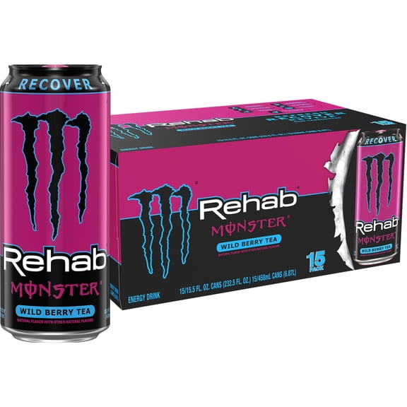 Monster Rehab Wild Berry Tea Energy Drink, Zero Sugar, 15-Pack, 16 Oz Cans