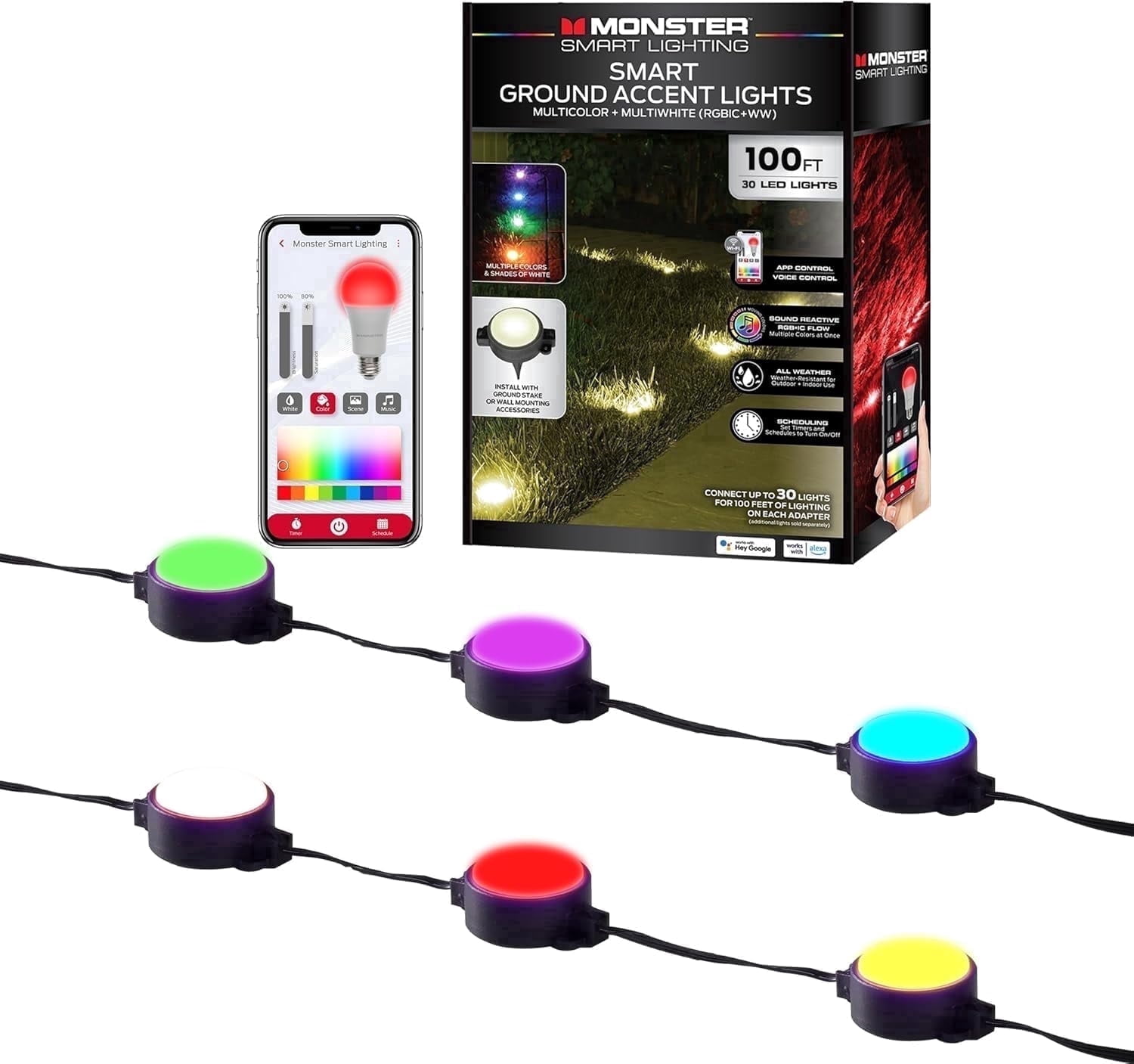 Monster Smart Lighting Outdoor Ground Lights, RGBICWW Multicolor Accent LED Yard Lights, 100 ft