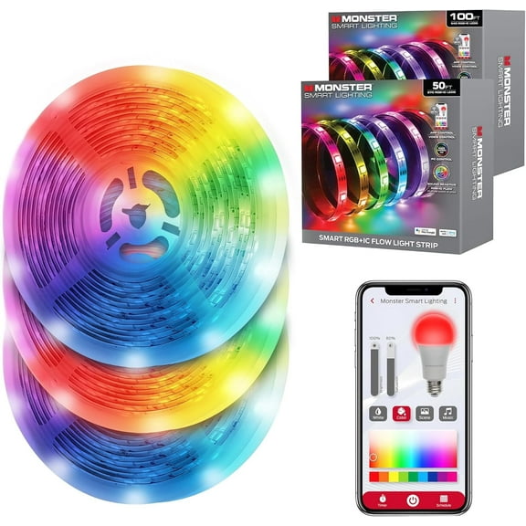 Monster Smart Lighting Indoor LED Strip Lights, RGBIC Multicolor Flow LED Lights, 150’