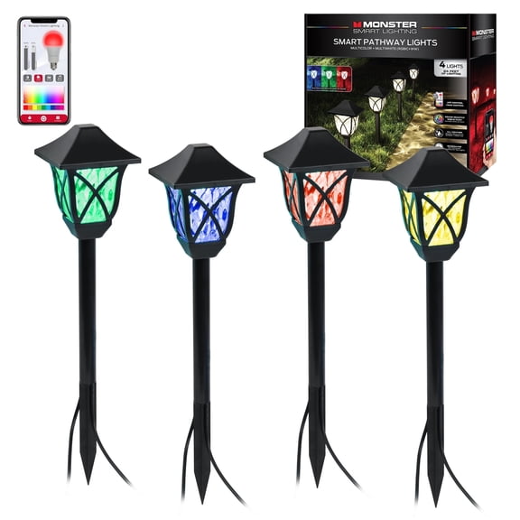 Monster Pathway Lights Outdoor Smart 4-Pack, Multiwhite Landscape Lights, Wi-Fi App & Voice Control, Weather-Resistant, 24ft Corded