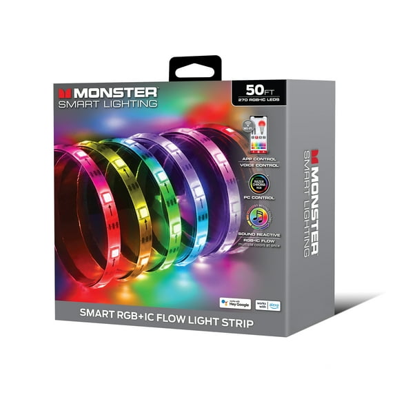 Monster Smart Lighting Indoor LED Light Strip, RGBIC Multicolor Flow LED Lights, for Christmas, Halloween, Party, Gameday and More, 50ft