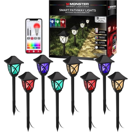 Monster Smart Path Lights, Multicolor & Multiwhite Outdoor LED Lights w/ App Control, 8-Pack (48ft)