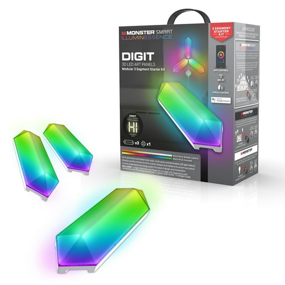Monster Smart Digit 3D LED Light Art Panels, Indoor Novelty 3 Panel Starter Kit with Controller