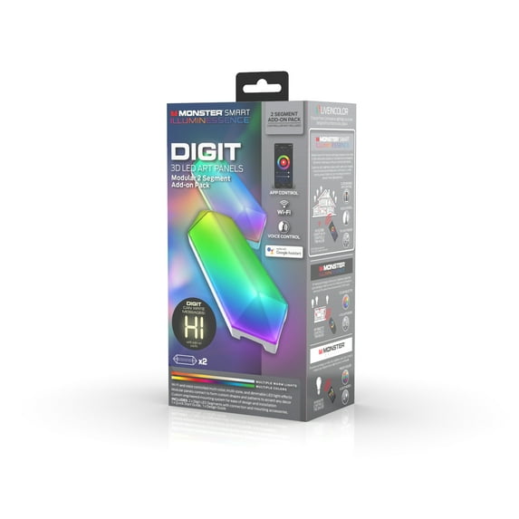 Monster Smart LED 3D Multi-Color Digit Wall Art, Fun Color Modes, Easy to use, Mobile App Control, 2 Segment Add-On Pack