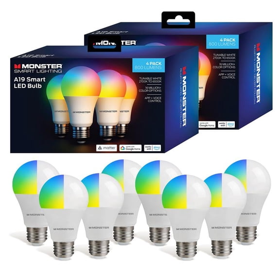 Monster Smart LED Bulb A19 8-Pack, Wi-Fi Color Changing Light Bulbs, 800 Lumens 60W Equivalent, Tunable White 2700K–6500K, App & Voice Control, Alexa Google Home Matter Compatible