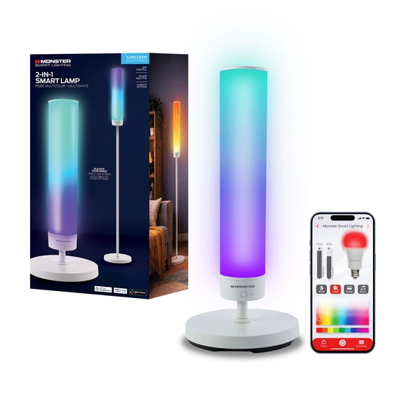 Monster Smart Lighting 2-in-1 RGB+IC Smart Floor Lamp, 5.4 ft Adjustable LED Floor & Table Lamp, Multicolor + Multiwhite, App & Voice Control, Sound Reactive