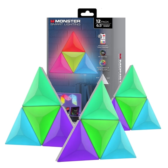 Monster Smart Lighting 3D Prism 12-Pack Interlocking RGBIC LED Wall Lights, Music Sync, Voice & App Control, Works with Alexa, Google, Siri