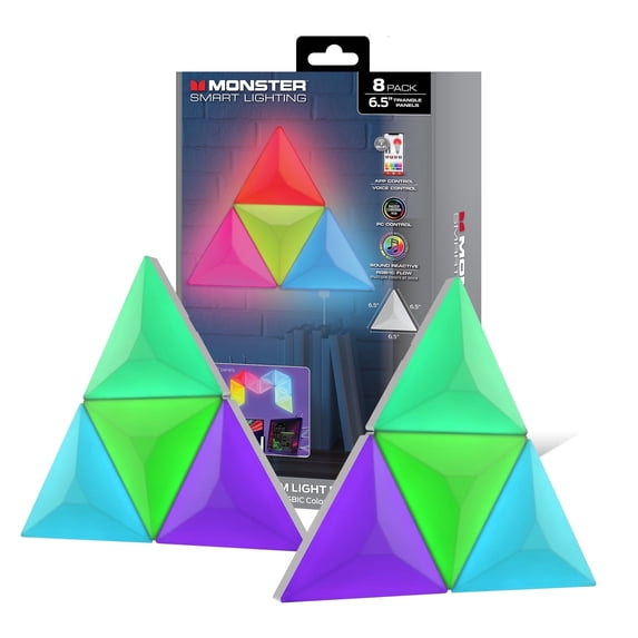Monster Smart Lighting 3D Prism 8-Pack Interlocking RGBIC LED Wall Lights, Music Sync, Voice & App Control, Works with Alexa, Google, Siri