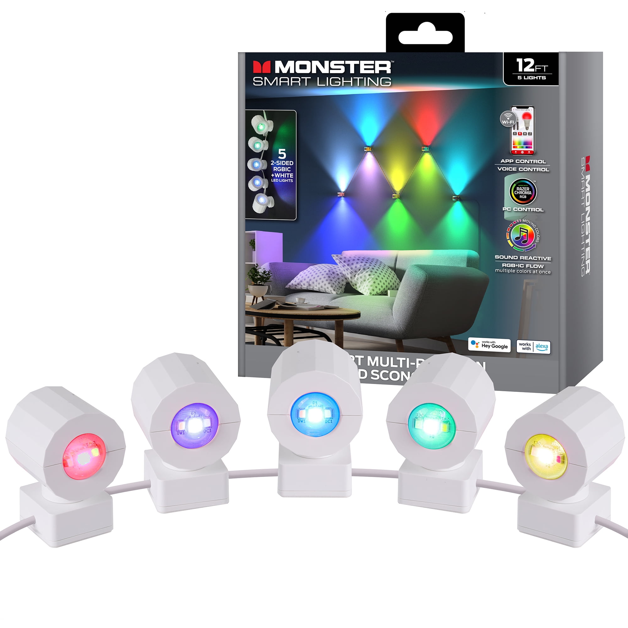 Monster Smart Lighting Multi-Position Indoor 12ft 2-Sided Sconce Lights, Wi-Fi & Voice Controlled, Razer Chroma Color Flow Sync, USB Corded Electric