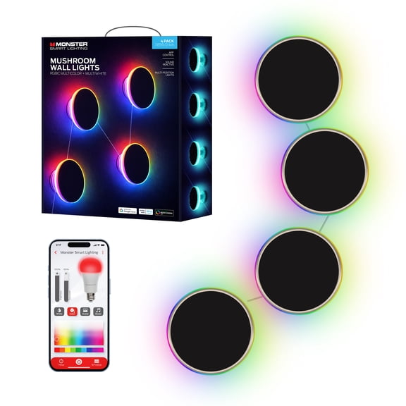 Monster Smart Lighting RGBIC Mushroom Wall Lights, 4 Pack Smart LED Wall Panels with Multicolor & Multiwhite Effects, App & Voice Control, Sound Reactive Gaming Room Lights, Works with Alexa & Google