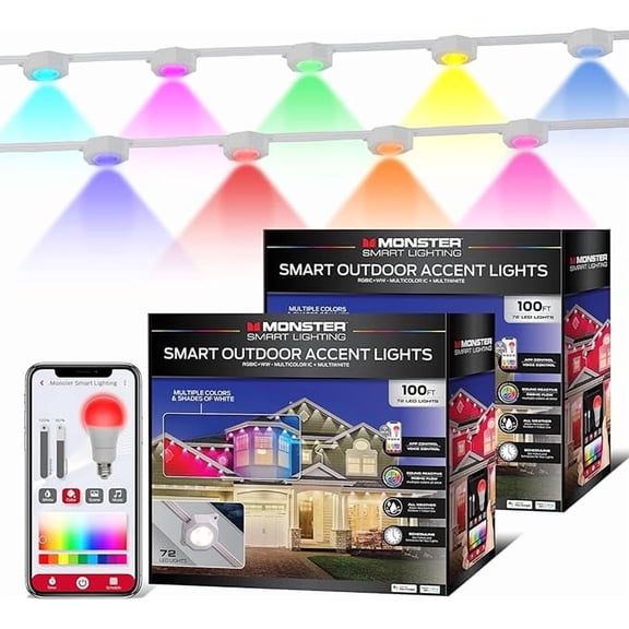 Monster 200 ft Permanent Outdoor Lights Smart 144 RGBIC LEDs, Multi-White & Full Color, All-Weather Waterproof, App & Voice Control Holiday & Year-Round Outdoor String Lighting
