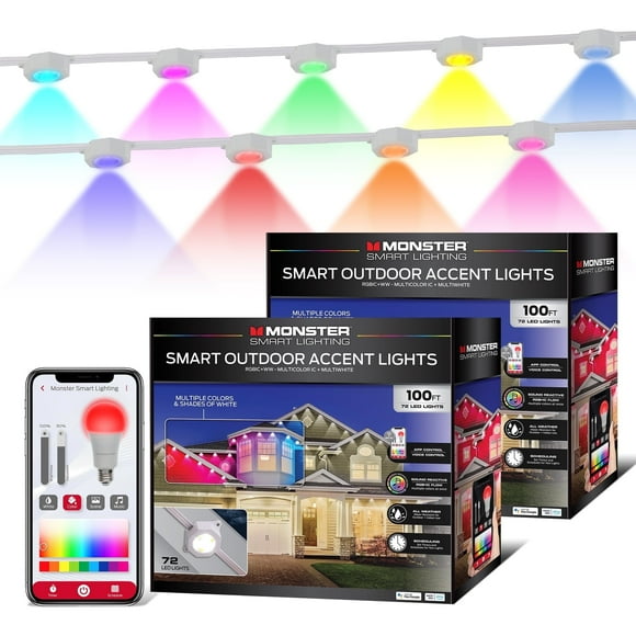 Monster Smart Permanent Outdoor Lights, 200ft, 144 LED RGBIC+ Multiwhite, All-Weather, App & Voice Control, Sound-Reactive, Customizable Lighting with Scheduling & Timer