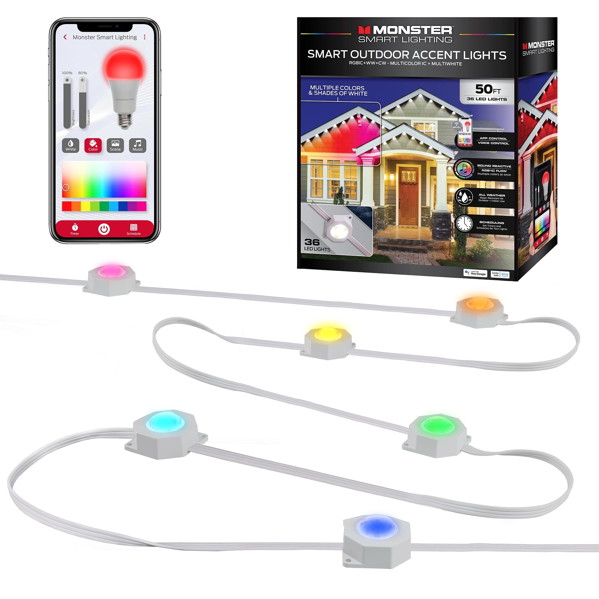 Monster Smart Permanent Outdoor Lights, 50ft, 36 LED RGBIC+