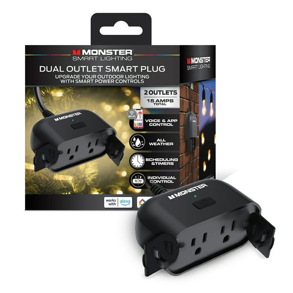 Monster Smart Dual Outdoor Plug with Wi-Fi, Weather-Resistant, 2 Outlets Compatible with Alexa & Google Home