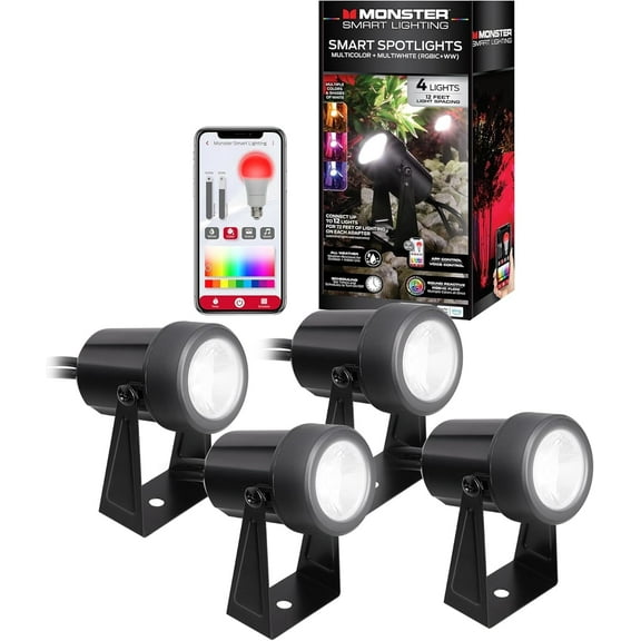 Monster Smart Outdoor Spot Lights 4-Pack - RGB+IC Flow, Flood Light, Weather Resistant, Wifi & Voice Control, Customizable Colors & Music Reactive, 144ft Corded Electric