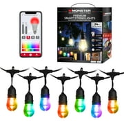 Monster Smart String Lights 24 ft, 12 LED Lights, App & Voice Control, RGB+IC Flow, Sound Reactive, Weather Resistant, 24V Corded Electric Power Adapter Included, Works with Alexa & Google Assistant