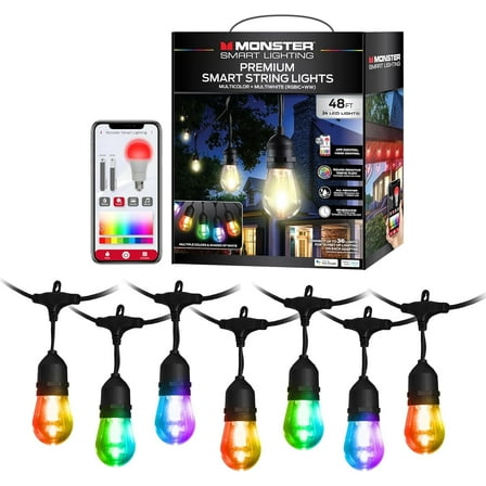 Monster 48 ft Smart String Lights with 24 LED Lights for Outdoor Lighting & Backyard Lights