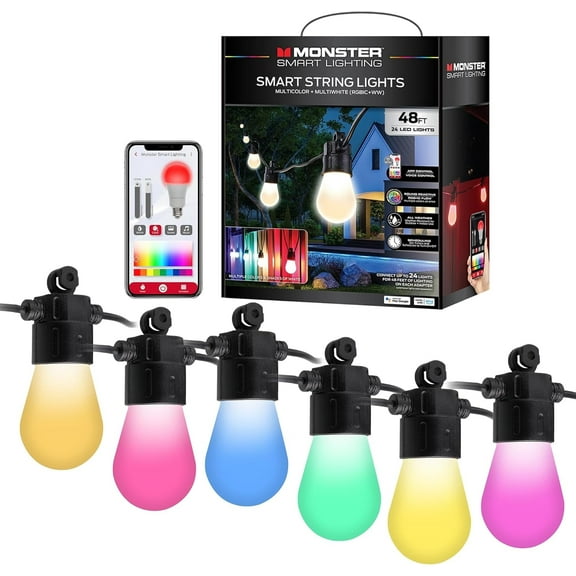 Monster 48 ft Smart String Lights with 24 LED Lights for Outdoor Lighting & Backyard Lights