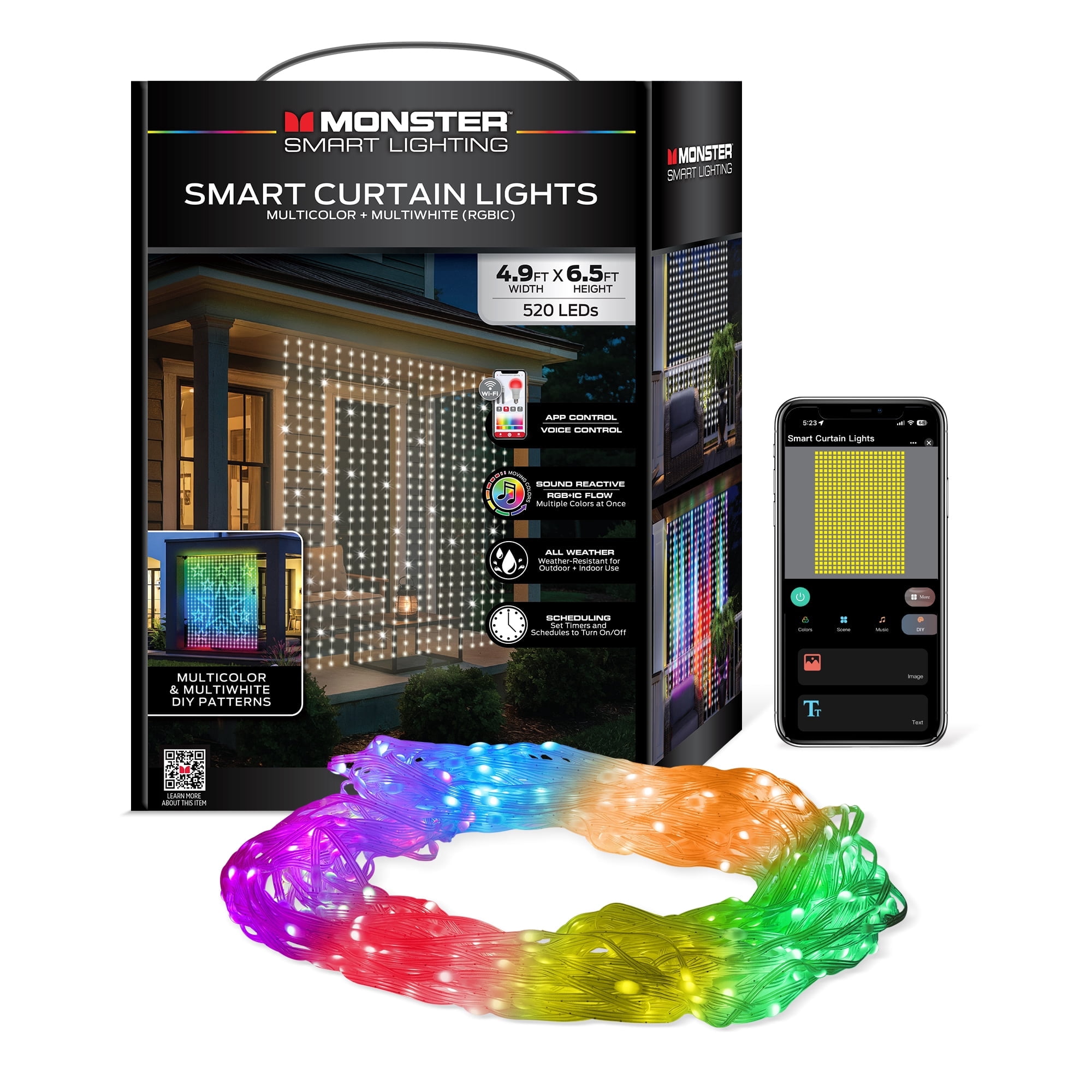 Monster Smart 4.9 ft x 6.5 ft RGBIC LED Curtain Lights, Multiwhite
