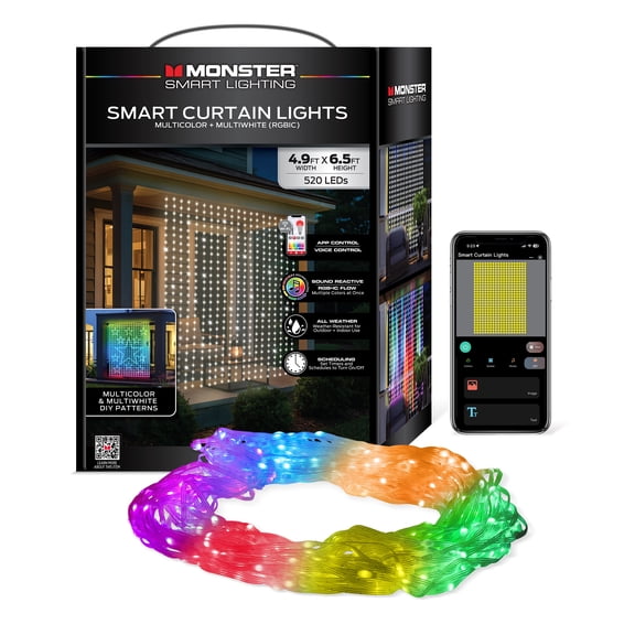 Monster Smart RGBIC Curtain Lights with Multiwhite, 520 LED Smart Curtain Light Display 4.9ft x 6.5ft, App & Voice Control, DIY Patterns, Music Sync Sound Reactive Indoor Outdoor LED Lights