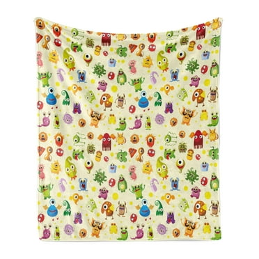Monster Soft Flannel Fleece Throw Blanket, Drawings Different Cartoon Style Characters Monsters Funny Animals and Mutants, Cozy Plush for Indoor and Outdoor Use, 70" x 90", Multicolor, by Ambesonne