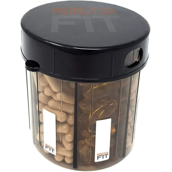 Monster Supplement Medicine Pill Organizer Dispenser, 7 Compartments and Labels, EZ Open Bottle, Extra Large Holder Fits a Month Plus of Almost Any Vitamin or Medication, Includes Premium Medisafe App