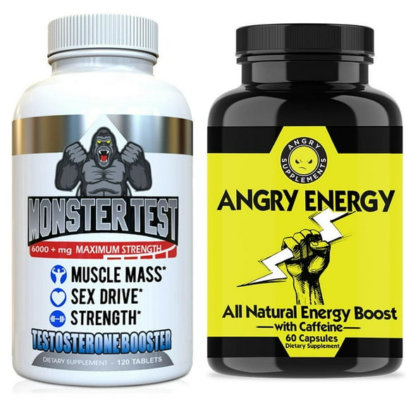 Monster Test Testosterone Booster for Men & Angry Energy All Natural Energy Booster with Caffeine (2-Pack)