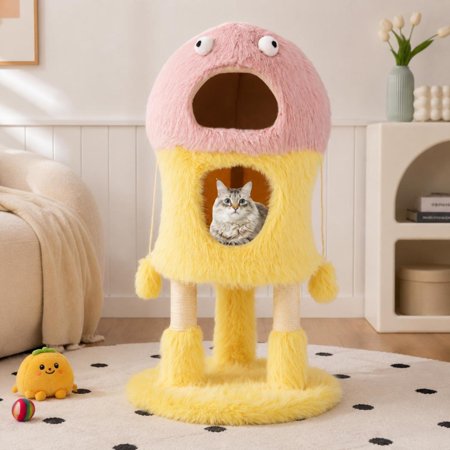 Monster Themed Cat Tower with 2 Private Condos, 3-Level Activity Center, Sisal Scratching Post, Yellow