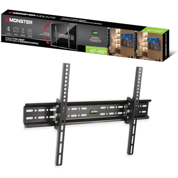 Monster Tilt TV Mount for 42” - 100” TVs up to 135 Lbs., Flat Panel Tilt Television Mount with Heavy Gauge Steel Construction with Coated Finish, Tilts 0° - -15°