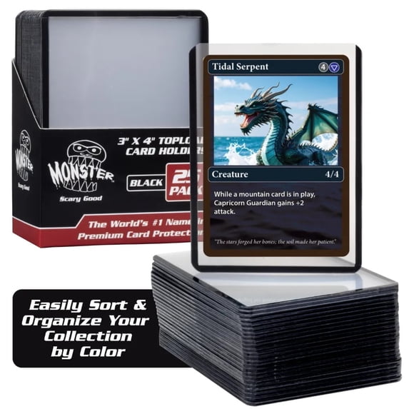 Monster Top Loaders for Trading Cards - 25 Count 3x4" Clear Hard Plastic Protector (Black Border) - Sort Your Cards by Color- Compatible w MTG, Magic Gathering, Yugioh, Sports