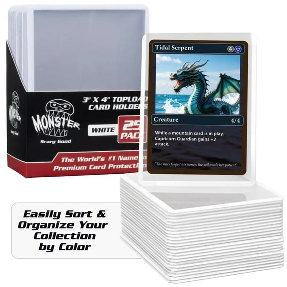 Monster Top Loaders for Trading Cards - 25 Count 3x4" Clear Hard Plastic Protector (White Border) Compatible w MTG, Magic Gathering, Yugioh, Sports, Great Gift For Collectors