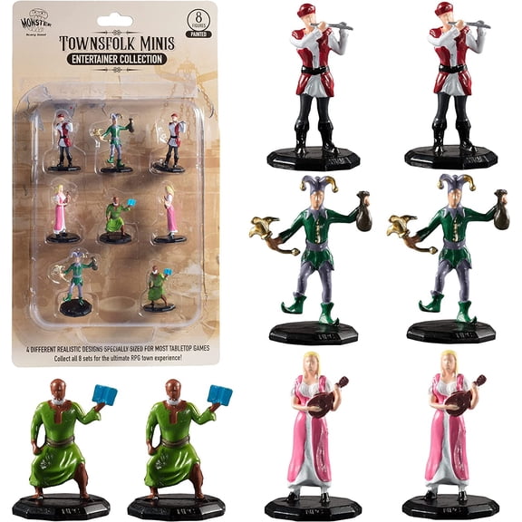 Monster Townsfolk Mini Fantasy Figures - 8pc Hand-Painted Entertainer Non Player Character NPC Miniatures - 1" Hex-Sized Compatible w DND Dungeons Dragons Pathfinder RPG Tabletop Games