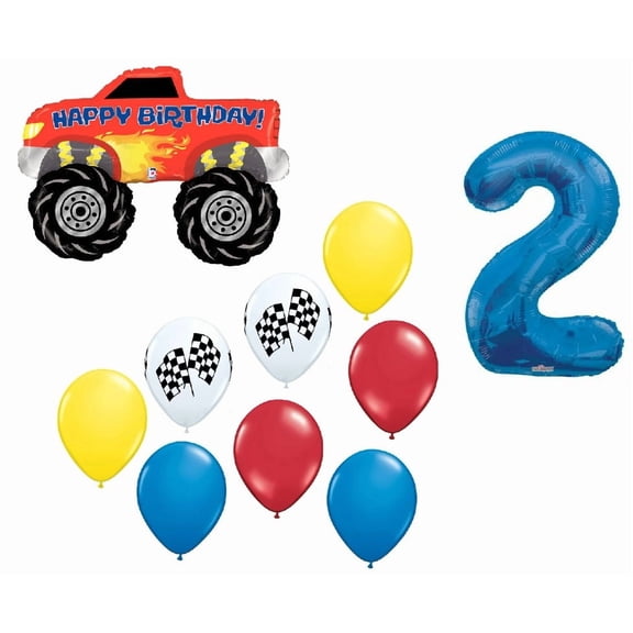 Monster Truck 2nd Happy Birthday Party Supplies 10 Piece Balloon Bouquet Decorations Set