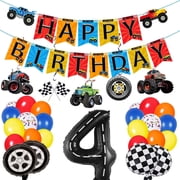 Monster Truck 4th Birthday Party Decorations Set, Race Car Theme, 40 Pcs, Includes Banner, Hanging Swirls, Foil and Latex Balloons