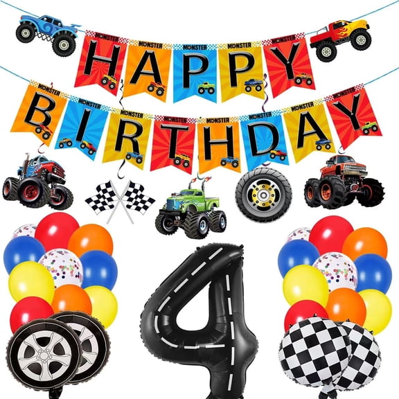 Monster Truck 4th Birthday Party Decorations Set, Race Car Theme, 40 Pcs, Includes Banner, Hanging Swirls, Foil and Latex Balloons