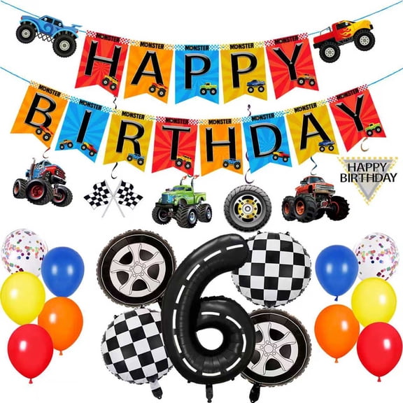 Monster Truck 6th Birthday Party Decorations Set, Race Car Theme, 40 Pcs, Includes Banner, Hanging Swirls, Foil and Latex Balloons