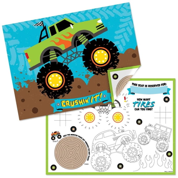 Monster Truck Adventure Coloring Placemats for Kids - Set of 16 Fun Activity Sheets for Birthday Parties, Perfect for Creative Play and Imaginative Fun